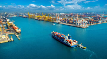 Aerial view cargo ship cargo container harbor